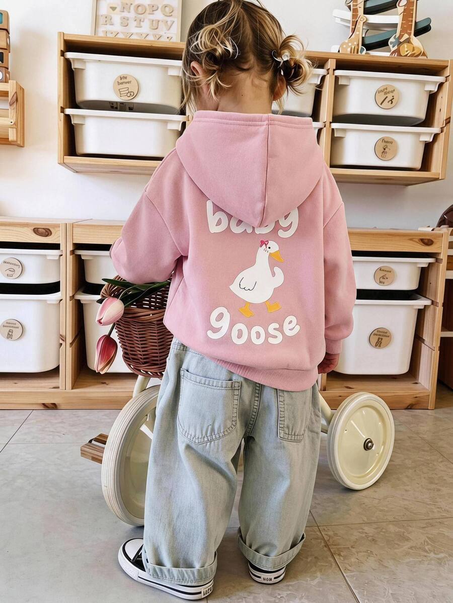 LMoss Kids 女嬰可愛卡通鴨子連帽套頭衛衣,保暖內裡長袖秋冬運動衫 - 粉色 - 查看 1