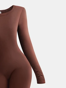SHEIN جمبسوت محبوك ضيق برقبة مربعة بأسلوب أمريكي متعدد الاستخدامات وسهل التنسيق للفتيات المراهقات - قهوة بني - مشاهدة 5