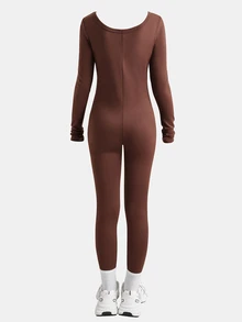 SHEIN جمبسوت محبوك ضيق برقبة مربعة بأسلوب أمريكي متعدد الاستخدامات وسهل التنسيق للفتيات المراهقات - قهوة بني - مشاهدة 2