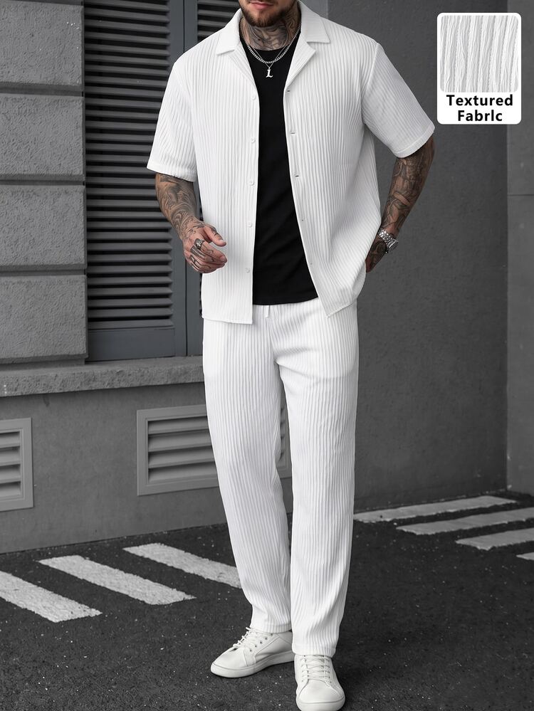 SLATEMANN Men's Comfortable Solid Color Double-Layer Ribbed Jacquard Fabric Short Sleeve Shirt Drawstring Elastic Waist Long Pants Casual Modest Vacation White - White - View 1
