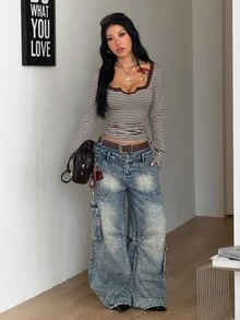 Coolane 女款秋冬外出穿著復古優雅日常穿搭 Y2K 性感夜店風棕色條紋羅紋針織彈性修身缺口領長袖T恤 - 摩卡棕 - 查看 3