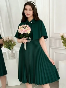 SHEIN 2件套复古优雅披肩领褶裥下摆连衣裙配衬衫，适合青少年女孩 - 墨綠色 - 查看 5