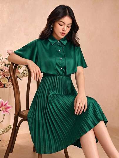 SHEIN Teen Girls Vintage Back To School Pleated Dress /Set