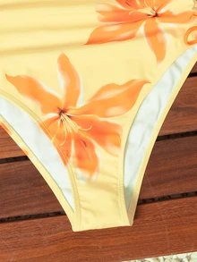 SHEIN Swim 全新夏季女式淡黄色花卉印花吊带侧抽绳连体泳衣 - 彩色 - 查看 6
