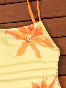 SHEIN Swim 全新夏季女式淡黄色花卉印花吊带侧抽绳连体泳衣 - 彩色 - 查看 7