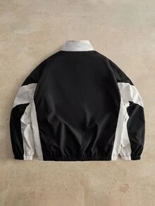 GETOML 男士街頭鄉村休閒拼色拉鍊口袋長袖夾克 黑白配色 秋季度假郵輪穿搭 Y2K 風格 - 彩色 - 查看 3