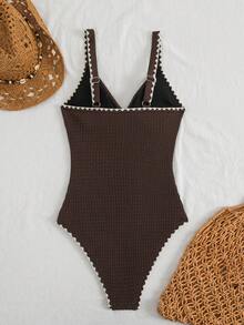 Swim Lushoire Striped Special Fabric Crossover One-Piece Swimsuit - Coffee Brown - View 2