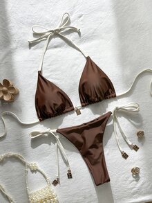 SHEIN Swim 2件套女士纯色细肩带金属装饰性感比基尼套装，春夏款 - 棕色 - 查看 3