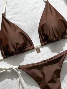 SHEIN Swim 2件套女士纯色细肩带金属装饰性感比基尼套装，春夏款 - 棕色 - 查看 4
