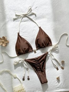 SHEIN Swim 2件套女士纯色细肩带金属装饰性感比基尼套装，春夏款 - 棕色 - 查看 1