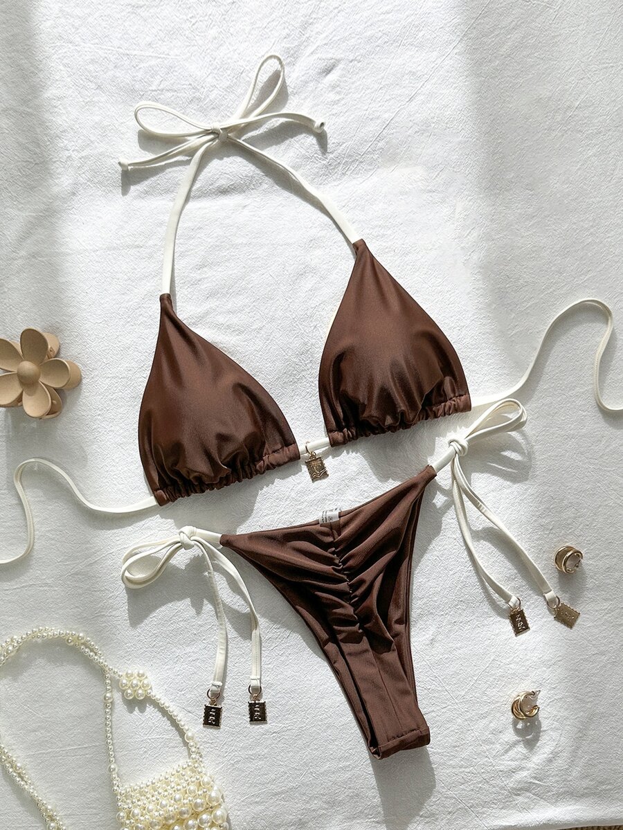 SHEIN Swim 2件套女士纯色细肩带金属装饰性感比基尼套装,春夏款 - 棕色 - 查看 1