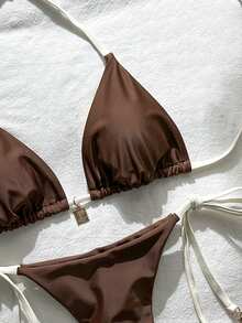 SHEIN Swim 2件套女士纯色细肩带金属装饰性感比基尼套装，春夏款 - 棕色 - 查看 6