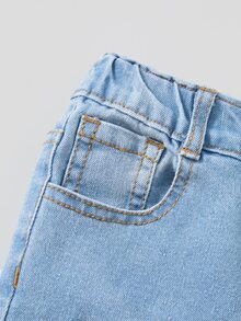 SHEIN Explorewe 女童秋季淺藍色水洗喇叭牛仔褲，愛心、花朵、皇冠、情書塗鴉印花，高腰修身微喇長褲，甜酷個性休閒時尚牛仔 - 淺色水洗藍 - 查看 5