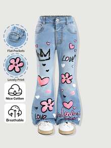 SHEIN Explorewe 女童秋季淺藍色水洗喇叭牛仔褲，愛心、花朵、皇冠、情書塗鴉印花，高腰修身微喇長褲，甜酷個性休閒時尚牛仔 - 淺色水洗藍 - 查看 3