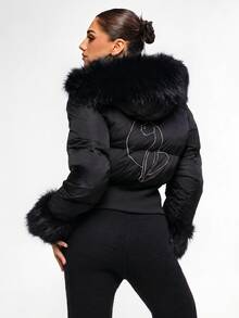 BABYPHAT Cropped Puffer Jacket With Faux Fur Hood Trim And Cuffs Rhinestone Logo Winter Quilted Coat - Black - View 1