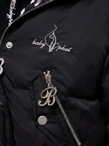 BABYPHAT Cropped Puffer Jacket With Faux Fur Hood Trim And Cuffs Rhinestone Logo Winter Quilted Coat - Black - View 5