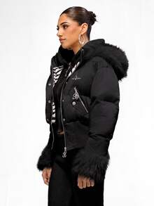 BABYPHAT Cropped Puffer Jacket With Faux Fur Hood Trim And Cuffs Rhinestone Logo Winter Quilted Coat - Black - View 7