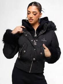 BABYPHAT Cropped Puffer Jacket With Faux Fur Hood Trim And Cuffs Rhinestone Logo Winter Quilted Coat - Black - View 3