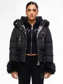 BABYPHAT Cropped Puffer Jacket With Faux Fur Hood Trim And Cuffs Rhinestone Logo Winter Quilted Coat - Black - View 6