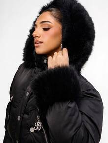 BABYPHAT Cropped Puffer Jacket With Faux Fur Hood Trim And Cuffs Rhinestone Logo Winter Quilted Coat - Black - View 4