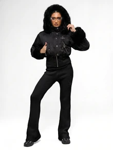 BABYPHAT Cropped Puffer Jacket With Faux Fur Hood Trim And Cuffs Rhinestone Logo Winter Quilted Coat - Black - View 8
