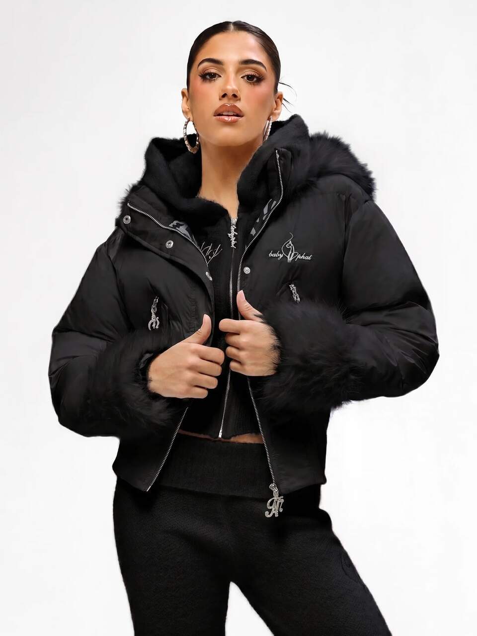 BABYPHAT Cropped Puffer Jacket With Faux Fur Hood Trim And Cuffs Rhinestone Logo Winter Quilted Coat