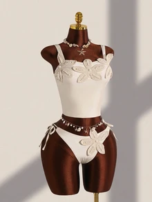 Costavie Women's Tankini Solid Color Fabric With Pearl Flower Decoration Fresh Beach Vacation Two-Piece Swimwear Set - Beige - View 8