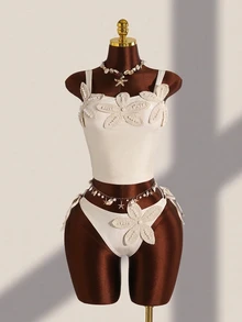Costavie Women's Tankini Solid Color Fabric With Pearl Flower Decoration Fresh Beach Vacation Two-Piece Swimwear Set - Beige - View 2