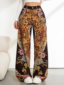 SHEIN Tall Women's Casual Daily Outing Denim Jeans With Pocket, Button And Floral Pattern - Multicolor - View 3