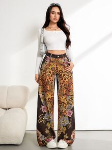 SHEIN Tall Women's Casual Daily Outing Denim Jeans With Pocket, Button And Floral Pattern - Multicolor - View 5