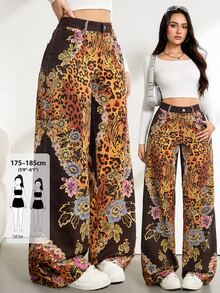 SHEIN Tall Women's Casual Daily Outing Denim Jeans With Pocket, Button And Floral Pattern - Multicolor - View 1