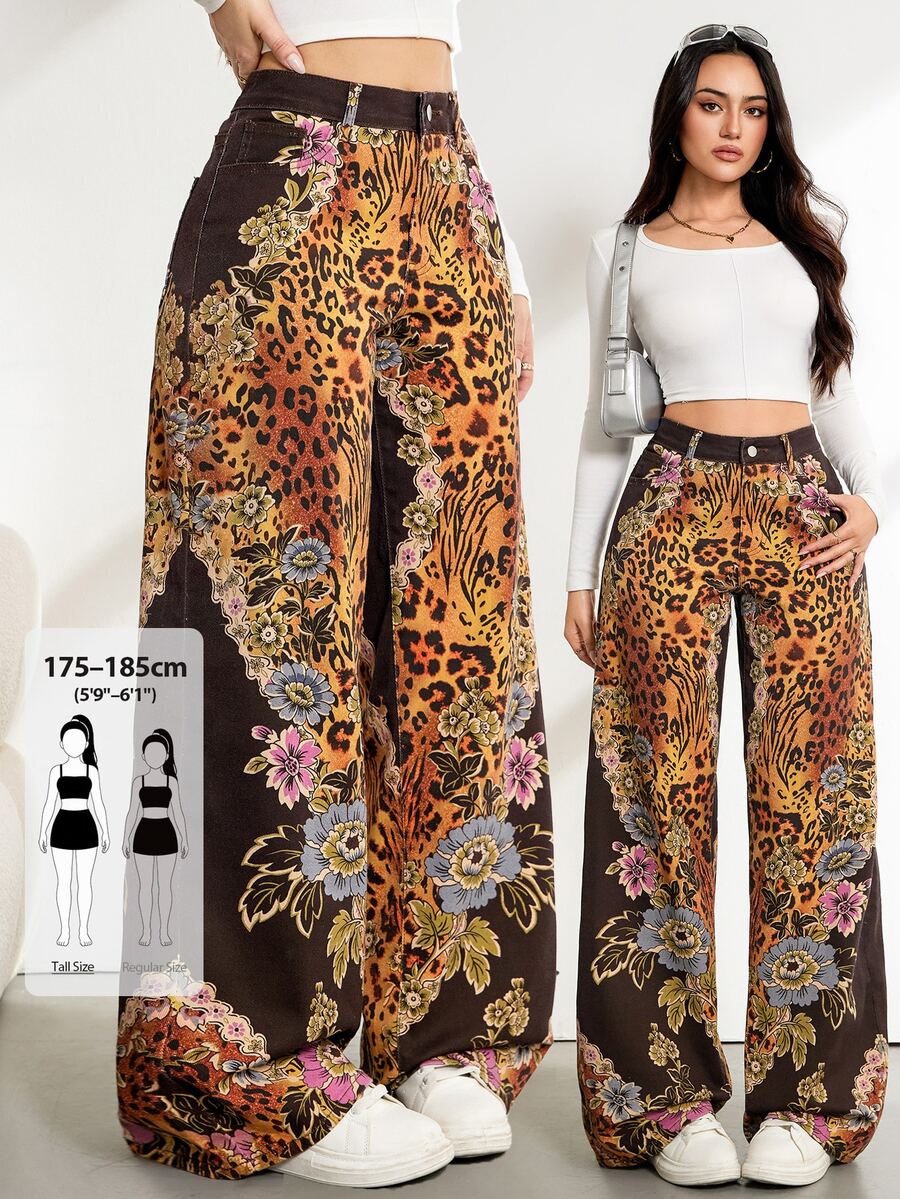 SHEIN Tall Women's Casual Daily Outing Denim Jeans With Pocket, Button And Floral Pattern - Multicolor - View 1