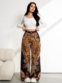 SHEIN Tall Women's Casual Daily Outing Denim Jeans With Pocket, Button And Floral Pattern - Multicolor - View 6