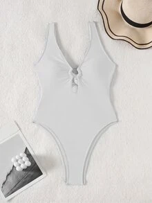 Swim Basics 女士纯色环扣性感时尚连体泳衣 - 白色 - 查看 3