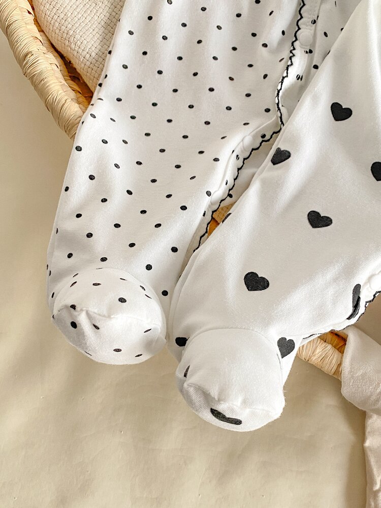 SHEIN 2-Pack Newborn Baby Girl Rompers, Cute Heart & Polka Dot Print, Fashion Contrast Color With Zigzag Stitching, Casual Comfortable Long Sleeve Footed Bodysuit, 2 Pieces Set Loungewear - White - View 4