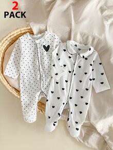 SHEIN 2件組新生女嬰連身衣，可愛愛心與波點印花，時尚對比色搭配鋸齒縫線，休閒舒適長袖連腳連身衣，2件套居家服 - 白色 - 查看 2
