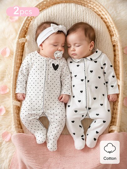 SHEIN 2-Pack Newborn Baby Girl Rompers, Cute Heart & Polka Dot Print, Fashion Contrast Color With Zigzag Stitching, Casual Comfortable Long Sleeve Footed Bodysuit, 2 Pieces Set Loungewear