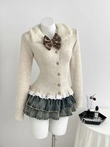 Elamini Women's Fur Collar Fitted Lace Trim Long Sleeve Bow Decor Cute Exquisite Versatile Sweet Knit Cardigan - Apricot - View 7