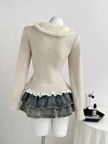 Elamini Women's Fur Collar Fitted Lace Trim Long Sleeve Bow Decor Cute Exquisite Versatile Sweet Knit Cardigan - Apricot - View 5