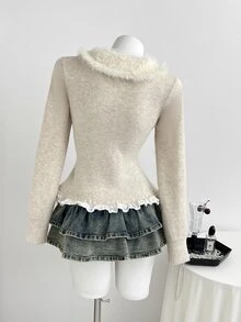 Elamini Women's Fur Collar Fitted Lace Trim Long Sleeve Bow Decor Cute Exquisite Versatile Sweet Knit Cardigan - Apricot - View 2