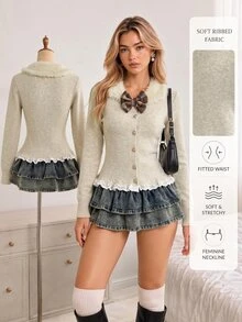 Elamini Women's Fur Collar Fitted Lace Trim Long Sleeve Bow Decor Cute Exquisite Versatile Sweet Knit Cardigan - Apricot - View 1