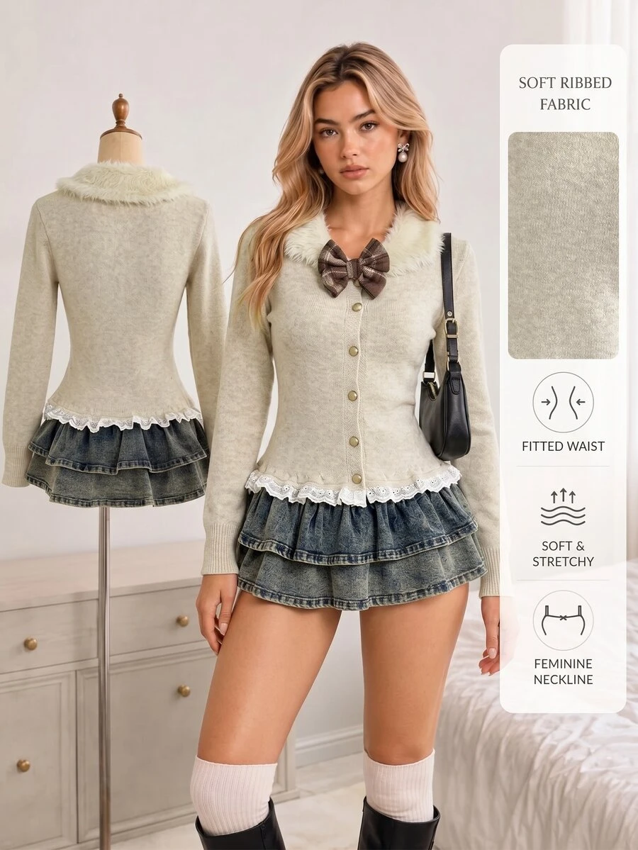 Elamini Women's Fur Collar Fitted Lace Trim Long Sleeve Bow Decor Cute Exquisite Versatile Sweet Knit Cardigan - Apricot - View 1
