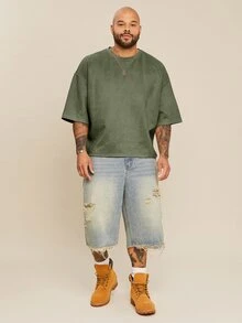 EASEVO Men Plus Size Loose Embroidered Round Neck Short Sleeve T-Shirt, Suitable For Summer, Fall, Vacation, Father's Day Gifts, Football - Army Green - View 6