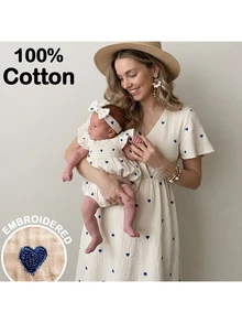 藍色愛心刺繡孕婦哺乳洋裝，100%純棉夏季產後哺乳洋裝，適合女性，嬰兒派對鄉村風 - 卡其色 - 查看 10