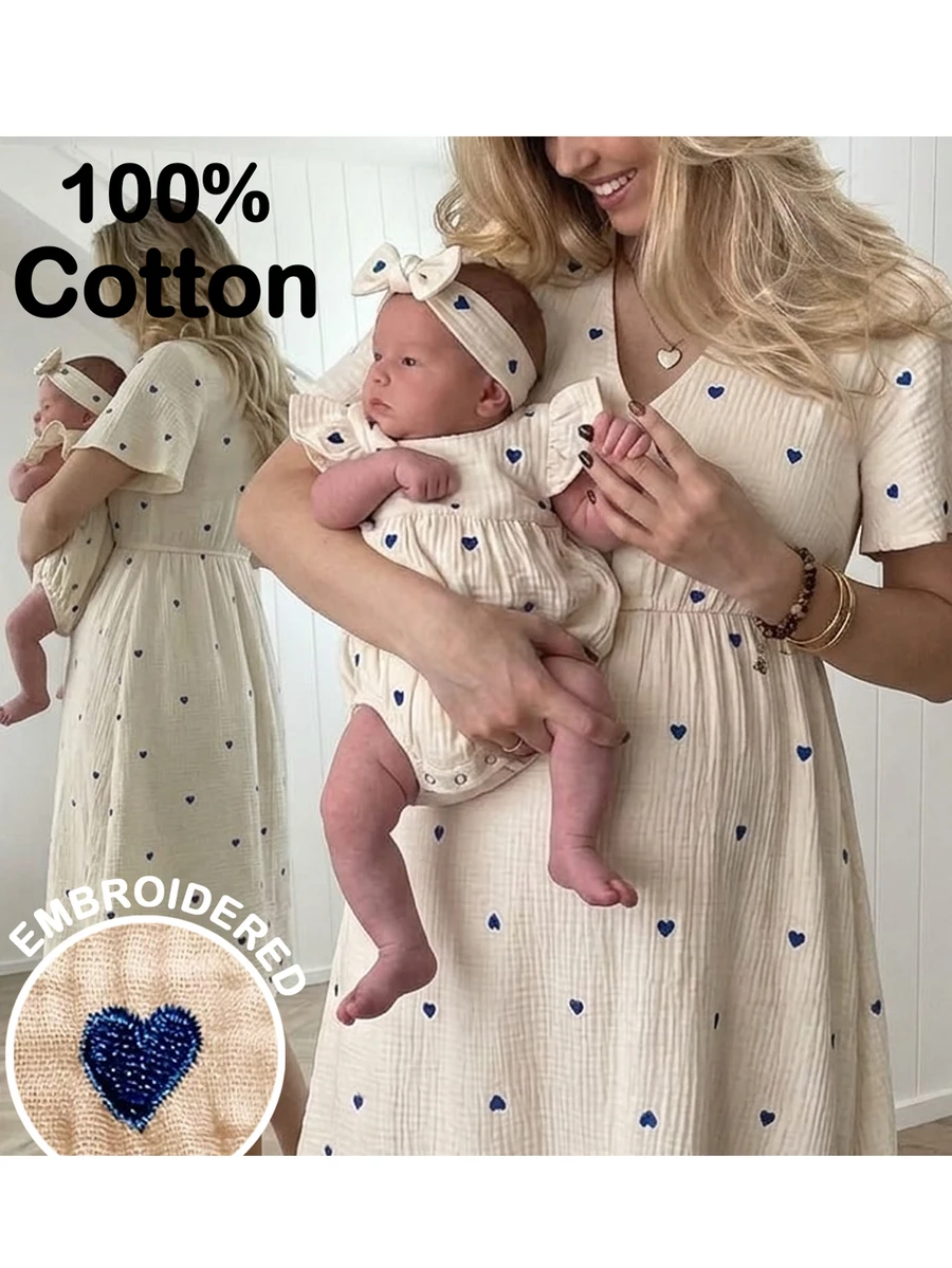 藍色愛心刺繡孕婦哺乳洋裝,100%純棉夏季產後哺乳洋裝,適合女性,嬰兒派對鄉村風 - 卡其色 - 查看 1
