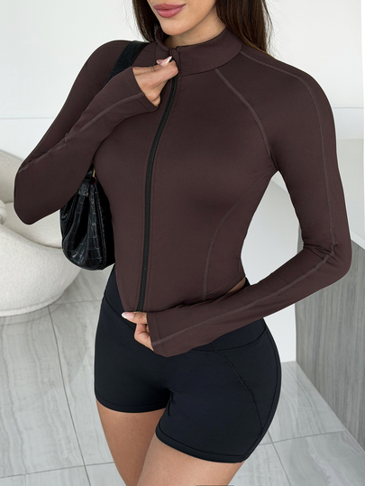 Easithlete Easithlete Jaket Olahraga Wanita Slim Fit dengan Resleting Penuh, Kerah Tegak, Potongan Pendek, Hem Melengkung dengan Lubang Jempol, Atasan Fitness, Jaket Atletik, Cocok untuk Semua Musim, Yoga, Gym, Lari, Pakaian Sehari-hari