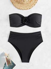 SHEIN Swim Ladies' Solid Color Simple Design Bikini Set, Summer Beach - Black - View 4