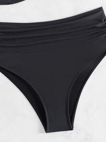 SHEIN Swim Ladies' Solid Color Simple Design Bikini Set, Summer Beach - Black - View 7