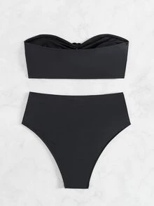 SHEIN Swim Ladies' Solid Color Simple Design Bikini Set, Summer Beach - Black - View 3