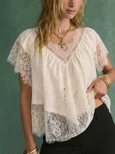 Easelle Blusa holgada de mujer con cuello en V, encaje y patchwork de estilo bohemio vintage